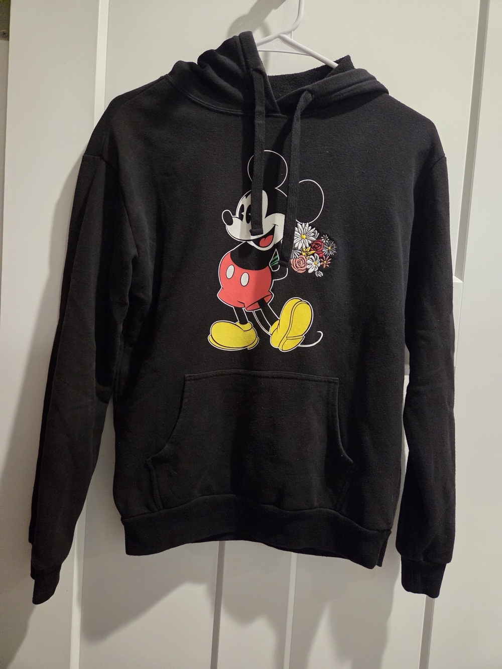 Disney Black Mickey Mouse Graphic Hoodie with Red and Yellow Accents